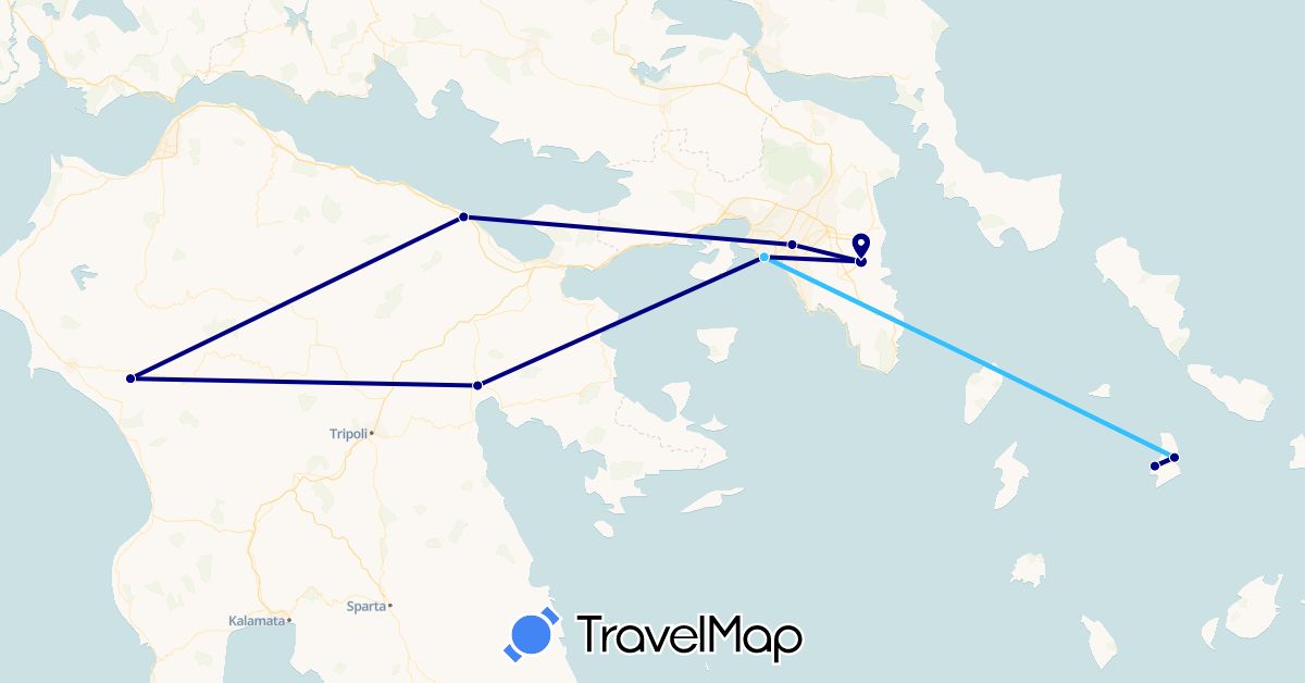 TravelMap itinerary: driving, plane, boat in Greece (Europe)